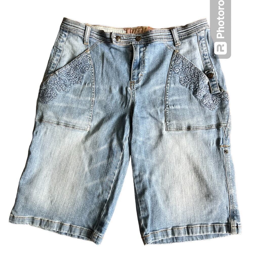 Vintage Candies Distressed Board Shorts, Embroidered, Medium Jean Wash, size 13
